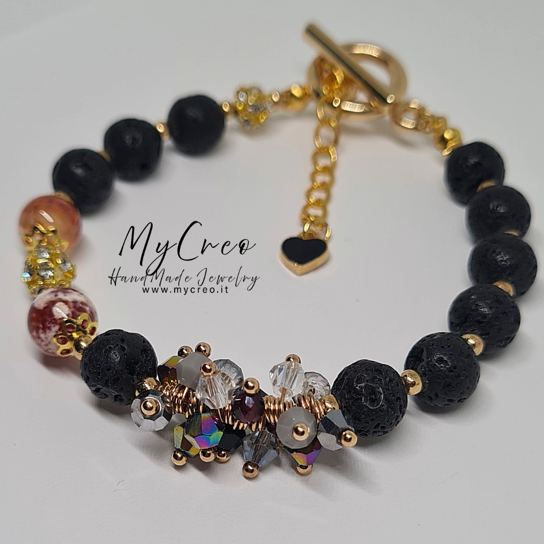 Bracciale semirigido con Perle di Agata Ghiaccio Rosso e Pietra Lavica Nera