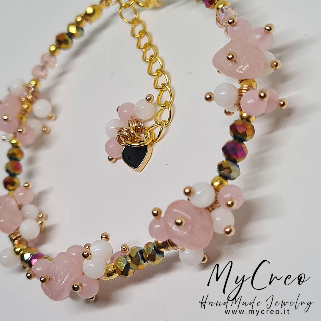 Bracciale Quarzo Rosa  e Perle di Conchiglia naturale