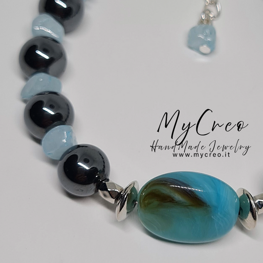 Bracciale Unisex con perle di Ematite e scaglie di gemme di diaspro Acquamarina