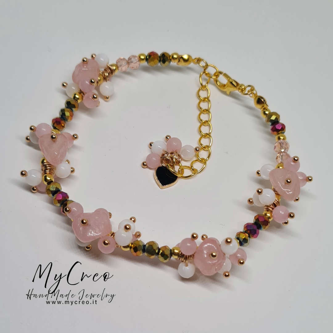 Bracciale Quarzo Rosa  e Perle di Conchiglia naturale