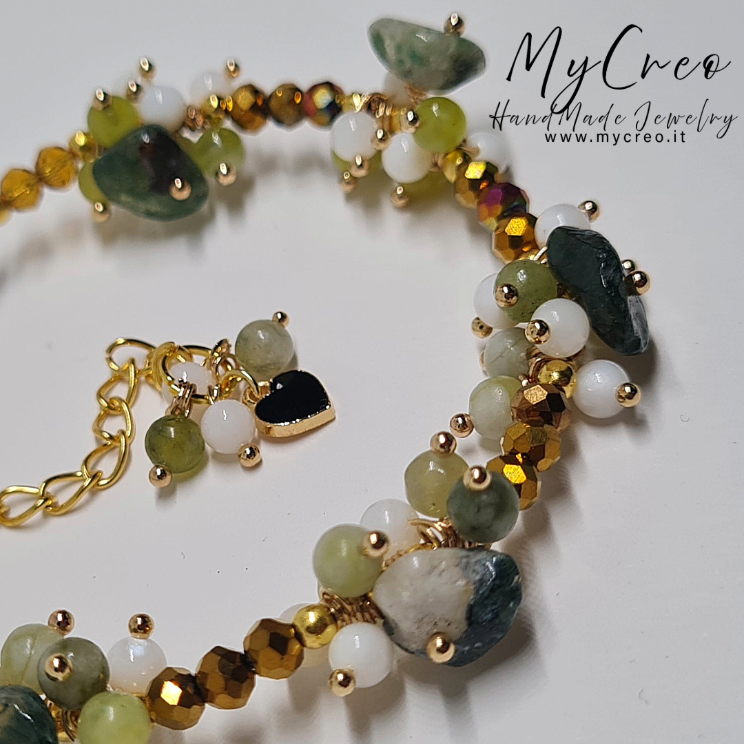 Bracciale Quarzo di Avventurina Verde  e Perle di Conchiglia naturale