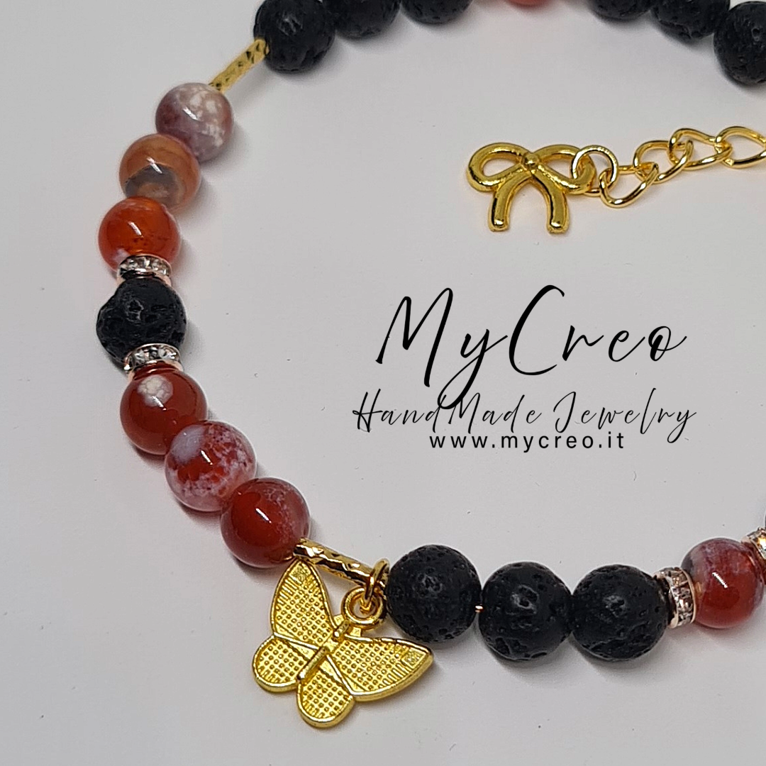 Bracciale di Perle di Agata Naturale Scintillante di Ghiaccio Rosso e Pietra Lavica Nera