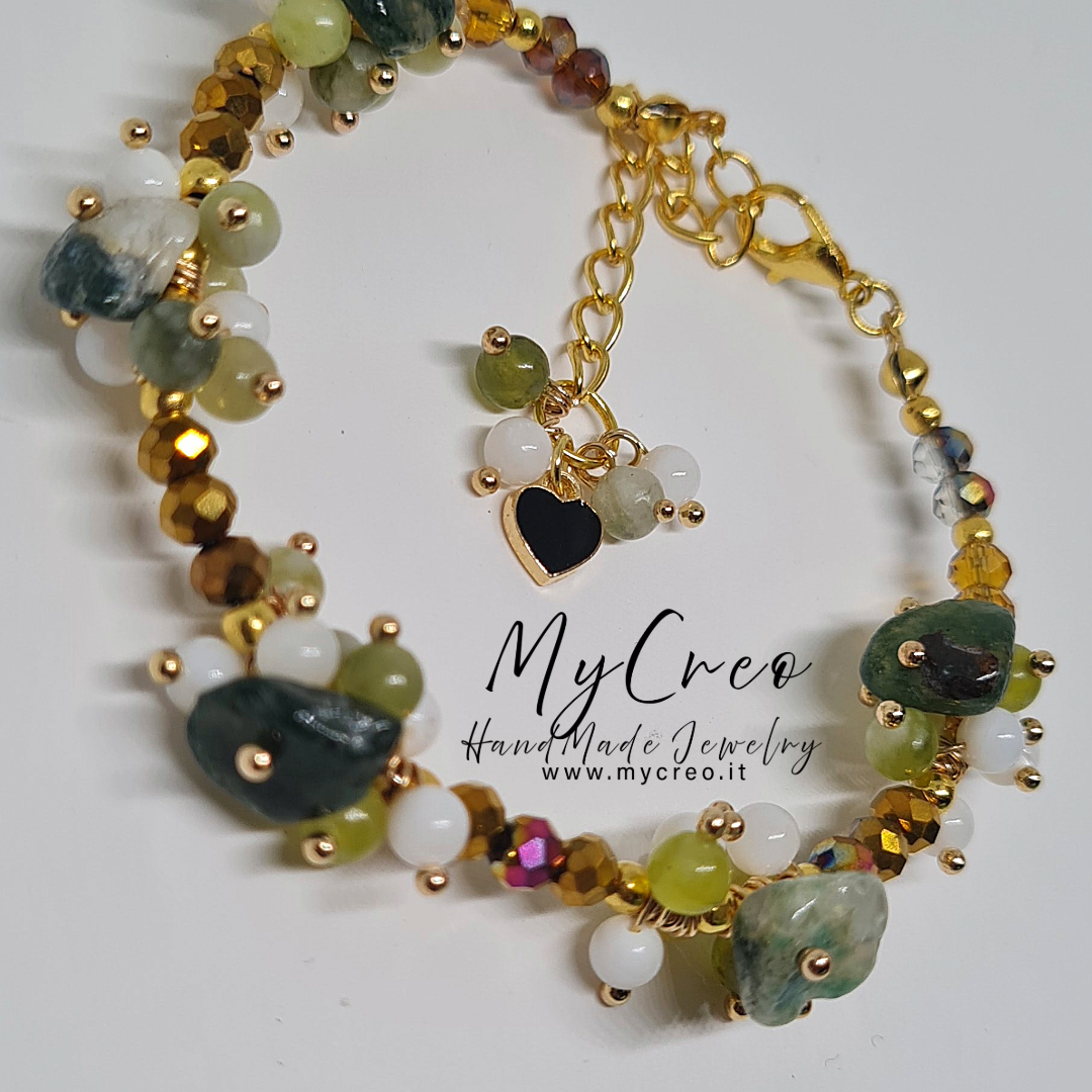 Bracciale Quarzo di Avventurina Verde  e Perle di Conchiglia naturale