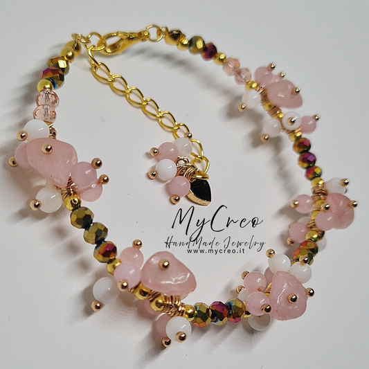 Bracciale Quarzo Rosa  e Perle di Conchiglia naturale