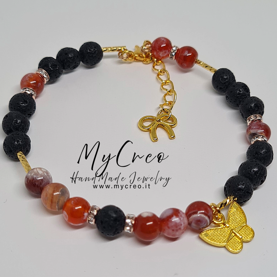 Bracciale di Perle di Agata Naturale Scintillante di Ghiaccio Rosso e Pietra Lavica Nera