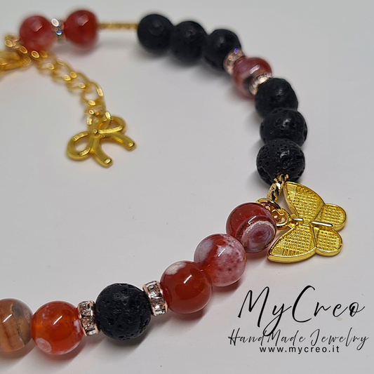 Bracciale di Perle di Agata Naturale Scintillante di Ghiaccio Rosso e Pietra Lavica Nera