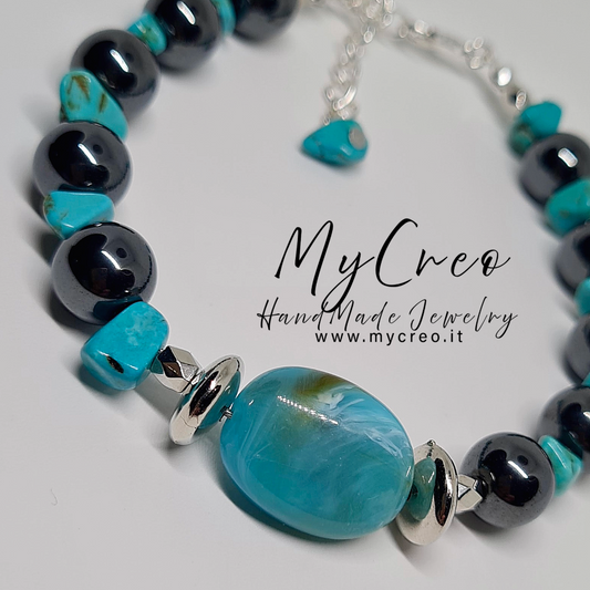 Bracciale Unisex con perle di Ematite e scaglie di gemme di diaspro Turchese