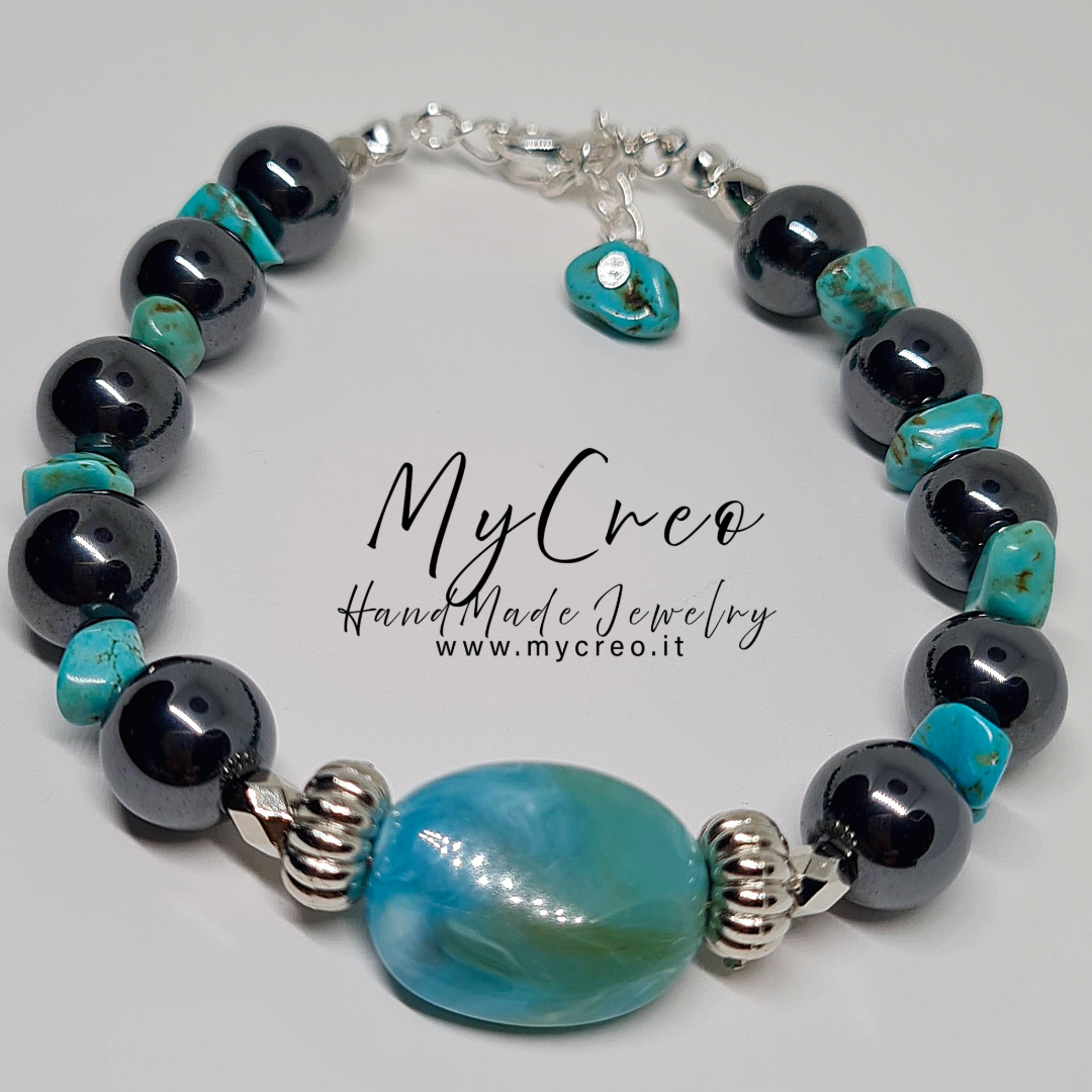 Bracciale Unisex con perle di Ematite e scaglie di gemme di diaspro Turchese