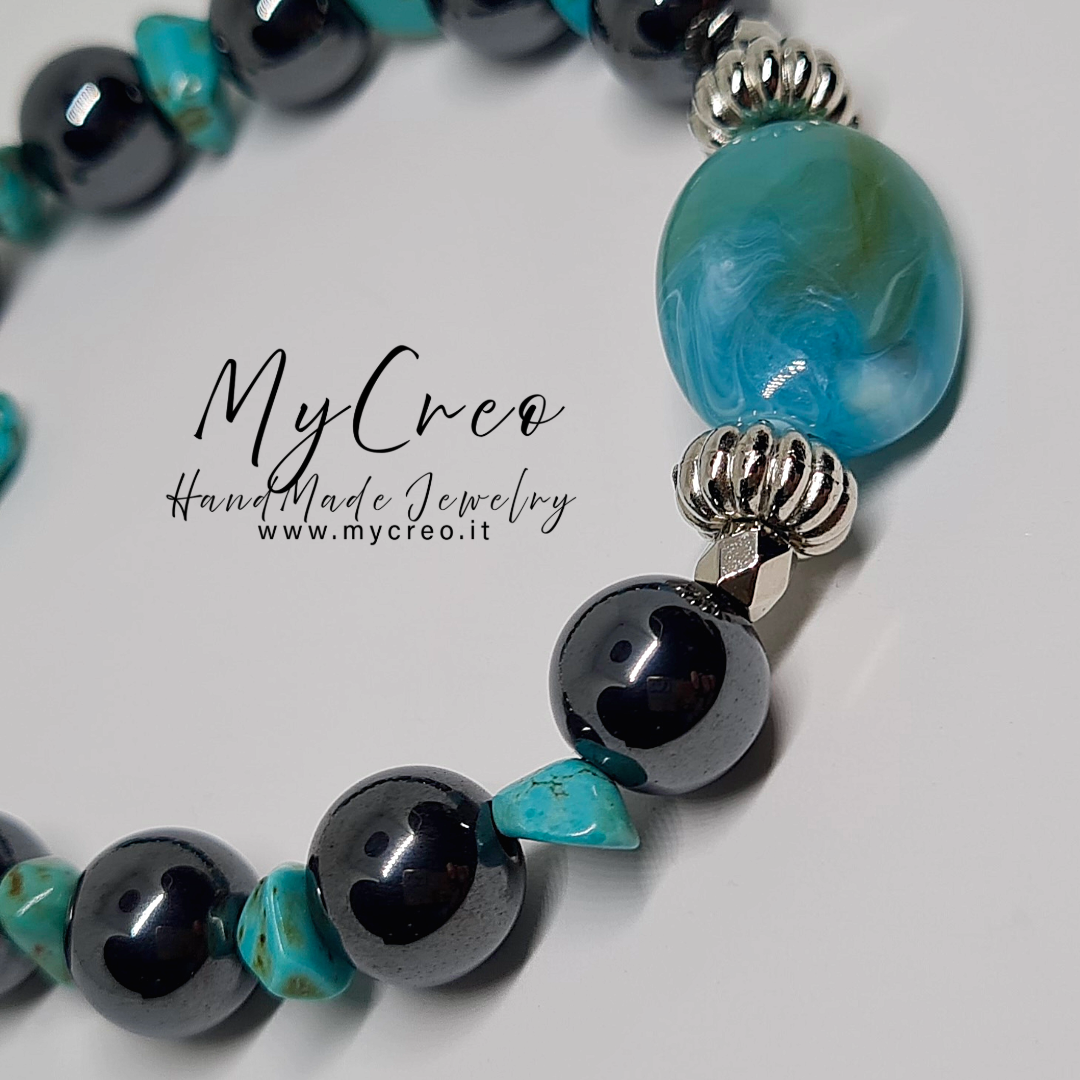 Bracciale Unisex con perle di Ematite e scaglie di gemme di diaspro Turchese