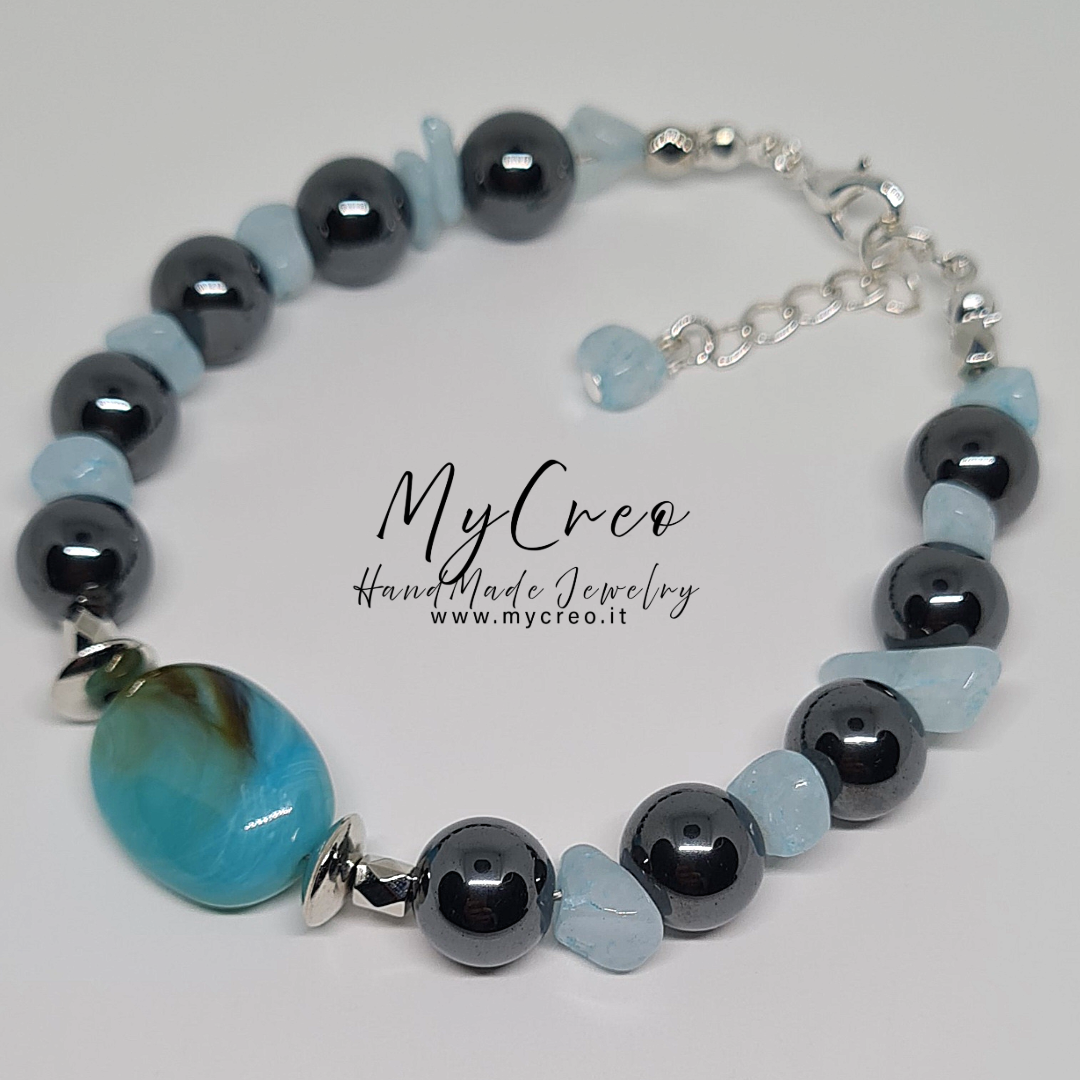 Bracciale Unisex con perle di Ematite e scaglie di gemme di diaspro Acquamarina