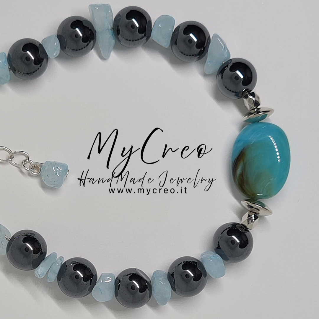 Bracciale Unisex con perle di Ematite e scaglie di gemme di diaspro Acquamarina